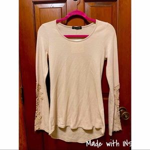 Beige Waffle Knit Long Sleeve with Lace Sleeves